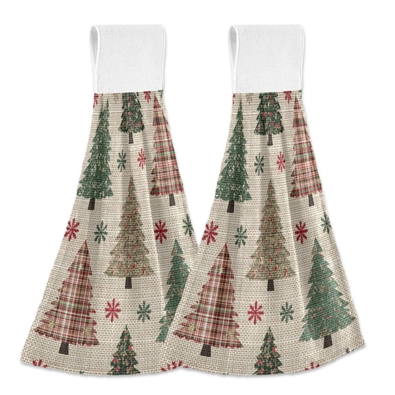 Christmas Trees with Plaid Red Green Snowflake Hanging Towels with Loop Hand Towels Nylon Fastener Tape Design Dish Cloths 2 Pieces