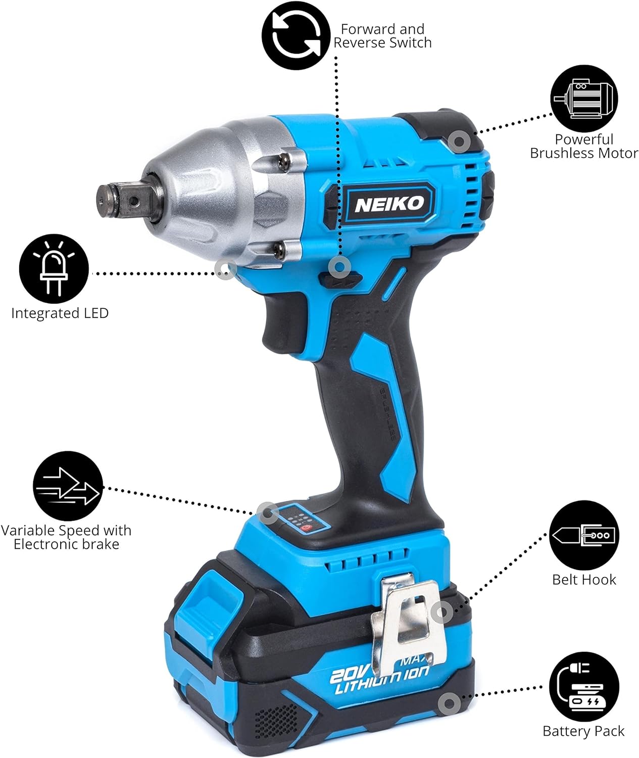 NEIKO 10883A Brushless Cordless Impact Wrench 1/2 Inch-Drive, 20-Volt Compact Impact, Cordless Power 1/2" Impact Gun for Car Tires w/Li-Ion Battery & Fast Charger, High Torque Electric Automotive Gun
