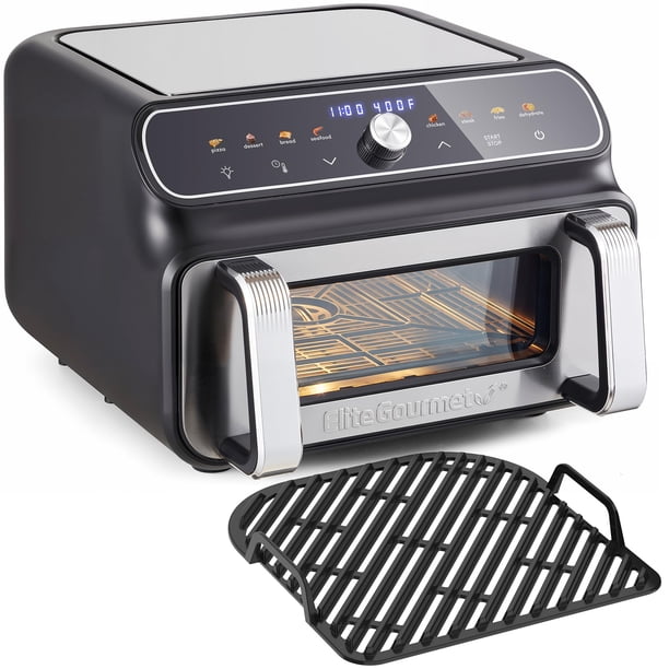 Elite Gourmet EAF2411G Horno digital para parrilla/freidora de aire para interiores, capacidad de 11 L, parrilla, 8 ajustes preestablecidos, hornear, asar, asar, deshidratar, 1700 vatios, 25 deliciosa