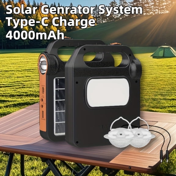3-in-1 Solar Portable Generator, Solar Light with Flashlight, 6V 3W Solar Panel, Rechargeable Battery, 2 Extended Bulbs, USB Charging, for Camping Hiking Emergency Power Outage