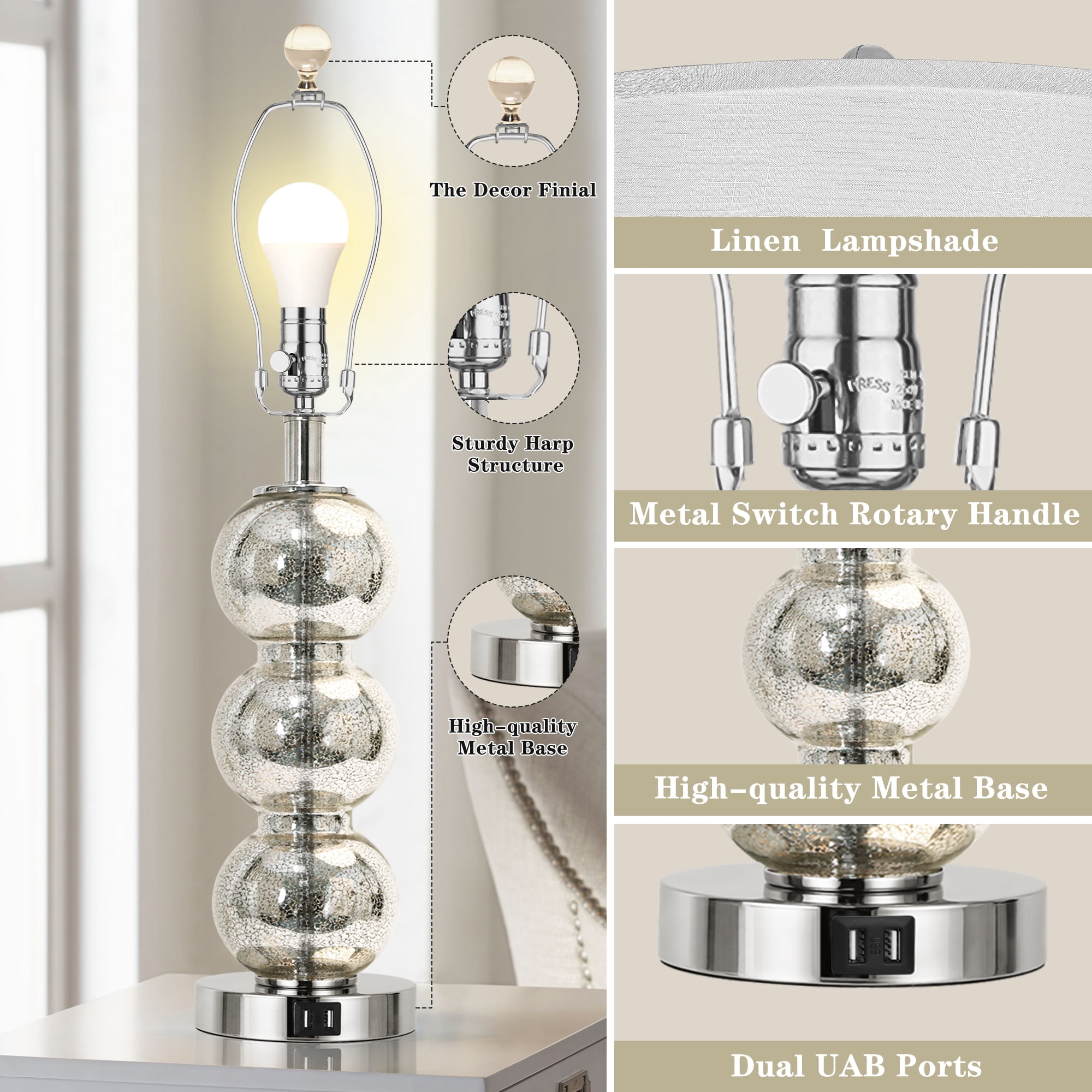 27" Glass Table Lamps Set of 2 for Bedroom Living Room Office (Bulbs Included)