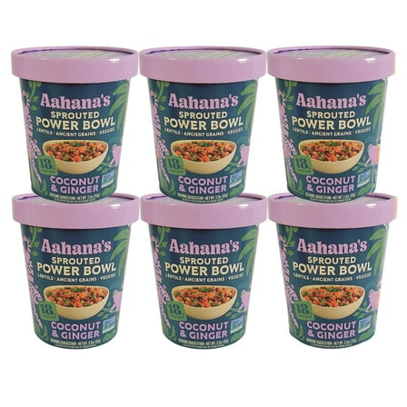 Aahana’s Coconut & Ginger Sprouted Power Bowl - Gluten-Free Plant-Based Instant Meal with Sprouted Lentils and Grains - 18g Protein, 14g Fiber, Vegan, Non-GMO, Kosher - Ready in 5 Minutes (6 Pack)