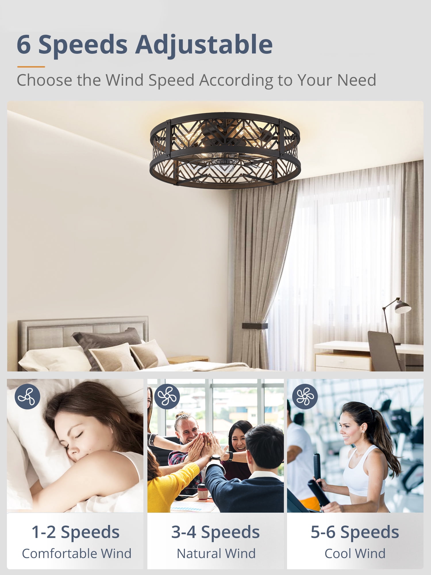Lokivas 20in Bladeless Caged Ceiling Fan with Light, 6 Speeds Quiet Motor, App & Remote Control