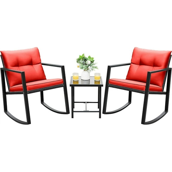 RONG-3 3 Piece Rocking Bistro Set Wicker Patio Outdoor Furniture Porch Chairs Conversation Sets with Glass Coffee Table，Red