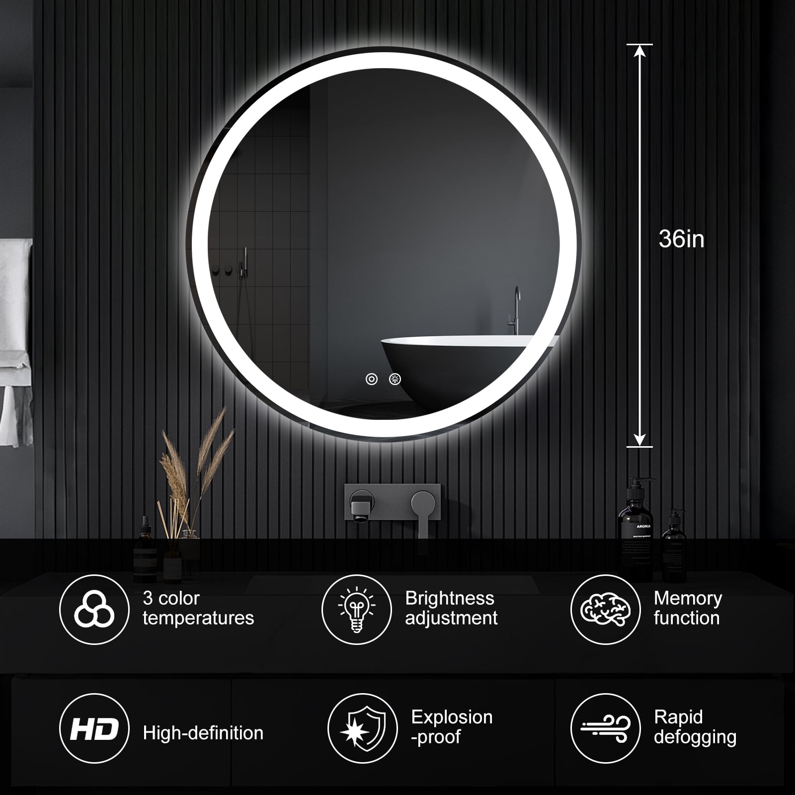 Gianna 36"x36" Round LED Bathroom Mirror with Anti-Fog, Dimmable Front and Backlit Lighting, 3 Color Temperatures