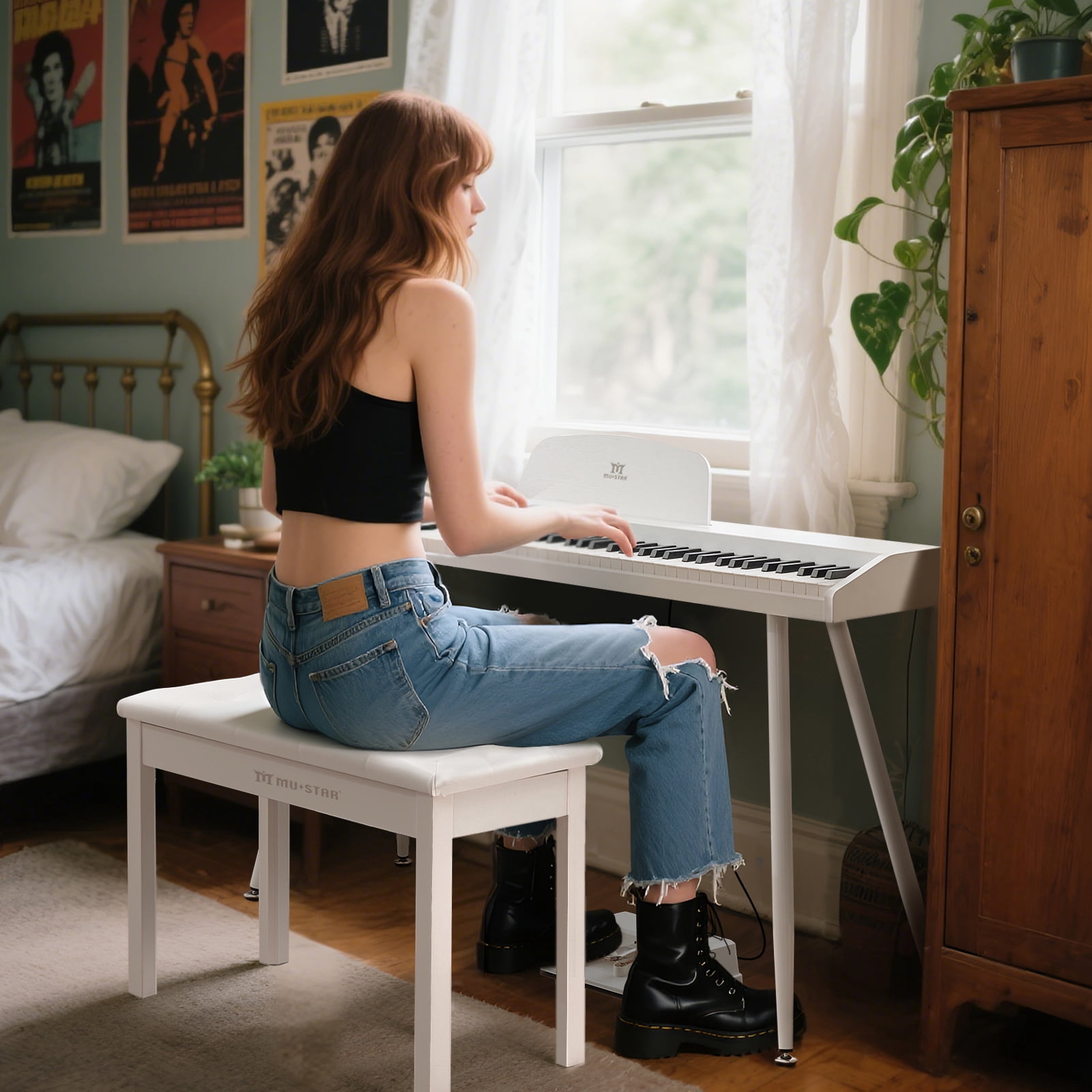 White 88Keys Semi Weighted Electric Digital Piano w/3-Pedal,USB/MIDI,Storage Bench
