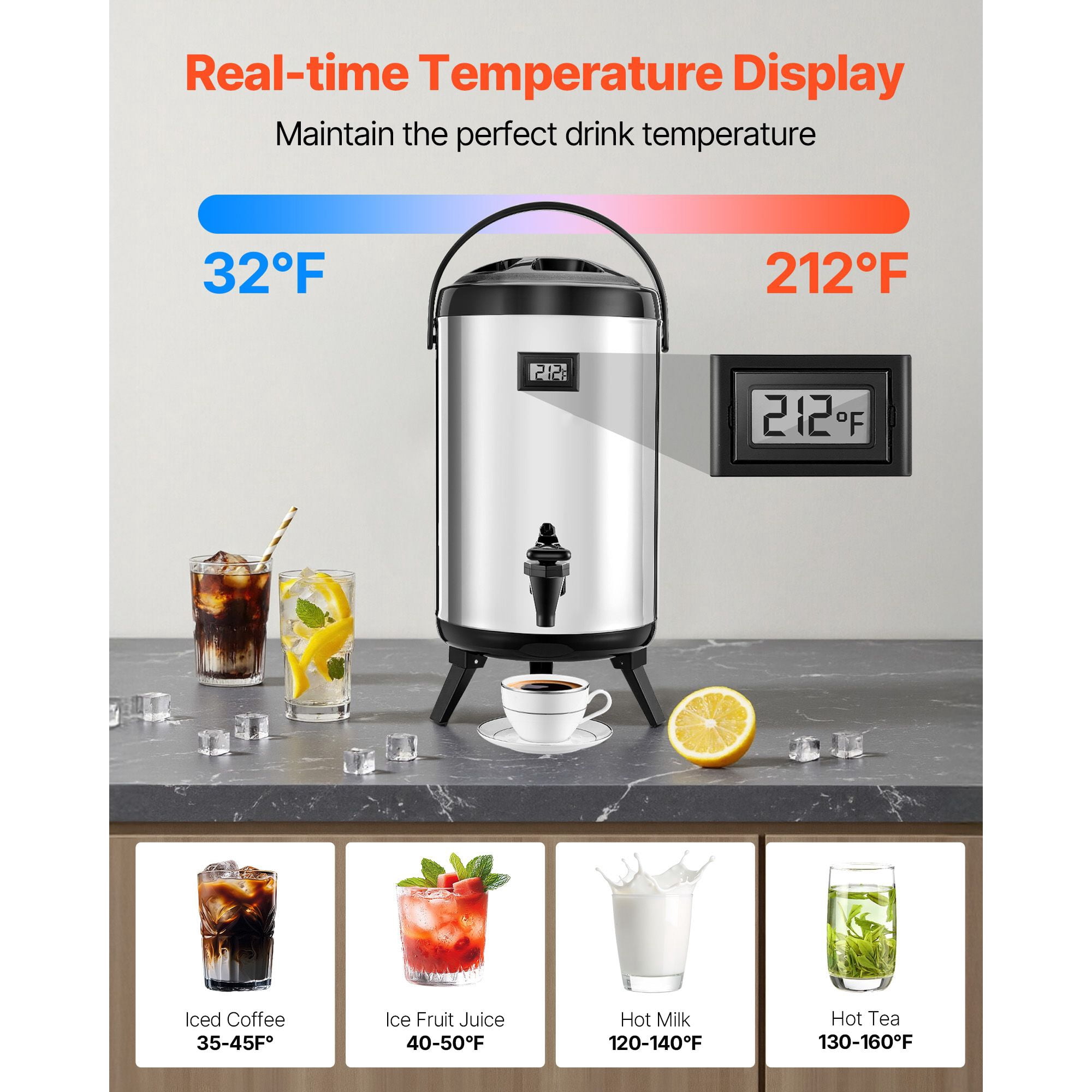 2 Gallon Insulated Beverage Dispenser with Temp Display, 304 Stainless Steel, Hot/Cold Insulation, Drip-Free Spigot, Ergonomic Handle for Cafes