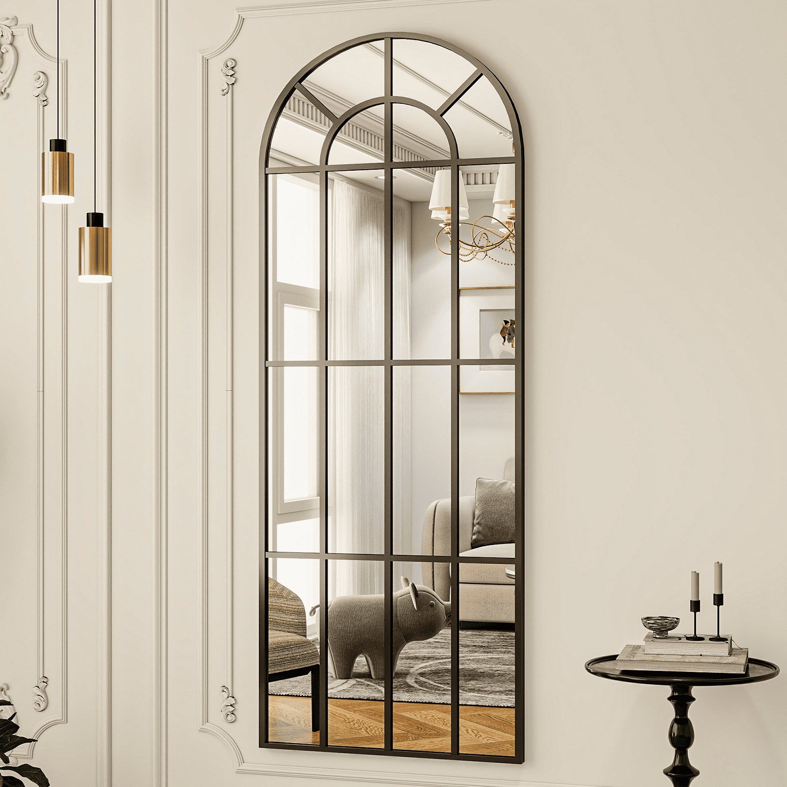 GRAHMCY 69"x25" Arched Full Length Floor Mirror with Windowpane Wall-Mounted Floor Mirror, Black