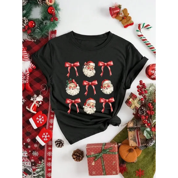 Women Christmas Santa Claus Graphic T‑Shirt, Vintage Santa Red Bow Print Casual Crew Neck Short Sleeve Tee Top Christmas T shirts