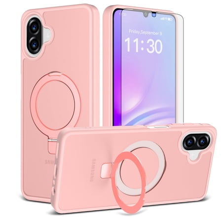 Asuwish Phone Case for Samsung Galaxy A06 A07 4G/5G Tempered Glass Screen Protector Magnetic Folding Stand Frosted Translucent Rugged Shockproof Protective Cell Cover Ao6 A 06 07 Ao7 Women Men Pink