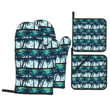 

Oven Mitts and Pot Holders Sets 4 pcs summer palm trees Non-Slip Oven Gloves Potholders Soft Quilted Lining Heat Resistant Gloves Hot Pads for Kitchen Cooking Baking