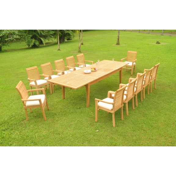 Grade-A Teak Dining Set: 12 Seater 13 Pc: 122" Atnas Double Extension Rectangle Table And 12 Mas Stacking Arm Chairs Outdoor WholesaleTeak #WMDSMS39