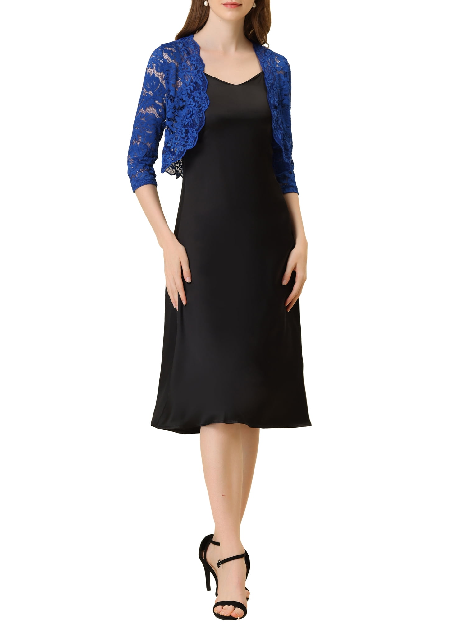 DARING DIVA 3/4 Sleeve Sheer Floral Lace Shrug Top L Cobalt Blue
