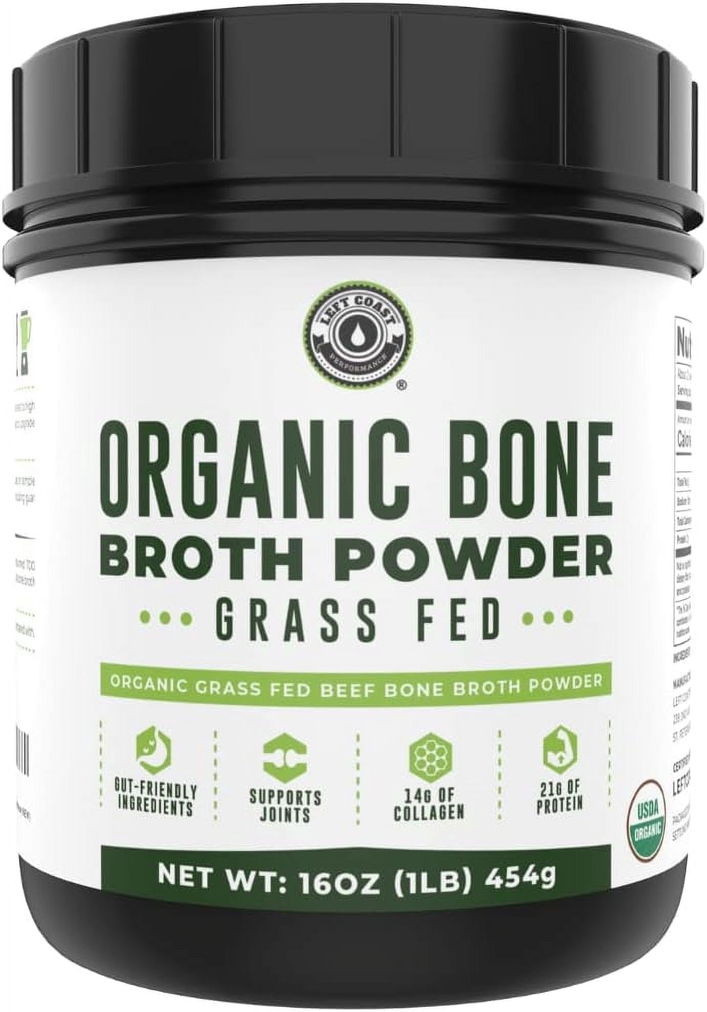 Left Coast Performance Grass Fed Beef Bone Broth Protein Powder with Collagen for Joint Support, Organic, 16 oz