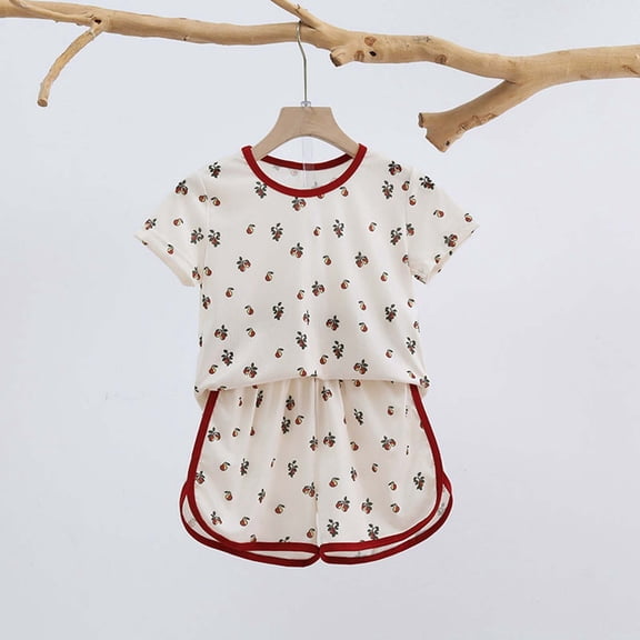 SONGGE Toddler Outfit Sets Girl Ruffle O-Neck Short Sleeve Strawberry Print T Shirt Tops Shorts Loose Sportswear Back To School Birthday Clothes Sets