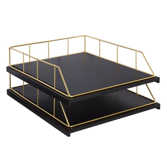 Kate and Laurel Benbrook Stacked Metal and Wood Letter Trays, Black and Gold