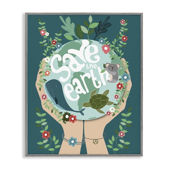 Stupell Industries Modern Save the Earth Quote with Animals Gray Framed Giclee Art, 11 x 14, by Hannah Heemsbergen