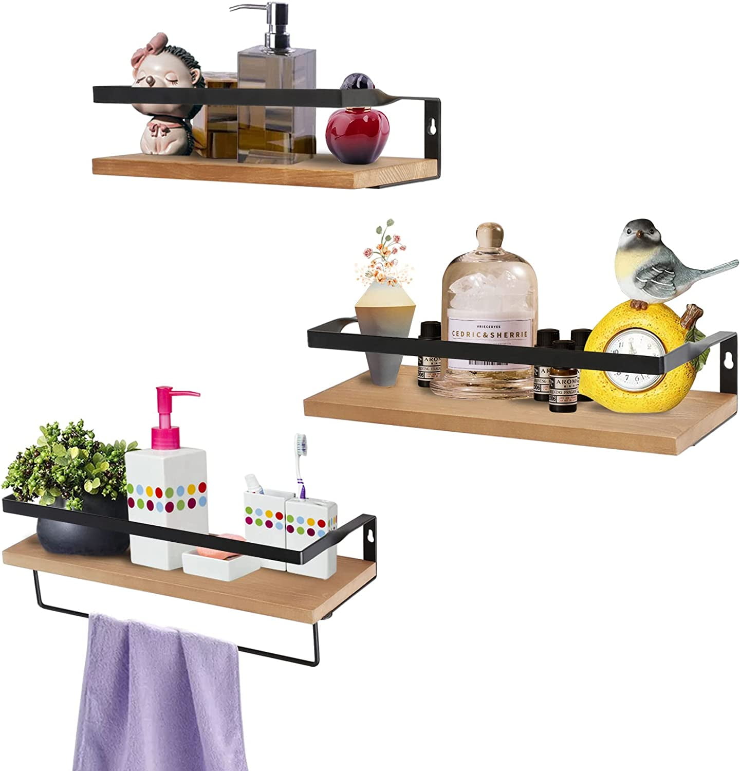Crzdeal Floating Shelves with Rail & Towel Rack, Set of 3, Wood Wall Mounted Shelf for Bathroom/Living Room/Kitchen/Bedroom