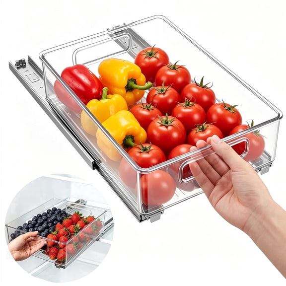 HOUSE AGAIN Pull Out Refrigerator Organizer Drawer, Clear Fridge Storage Bin with Sliding Rail, No Drill Under Shelf Drawer for Refrigerator, Pantry, Kitchen Storage for Fruits, Vegetables, Drinks