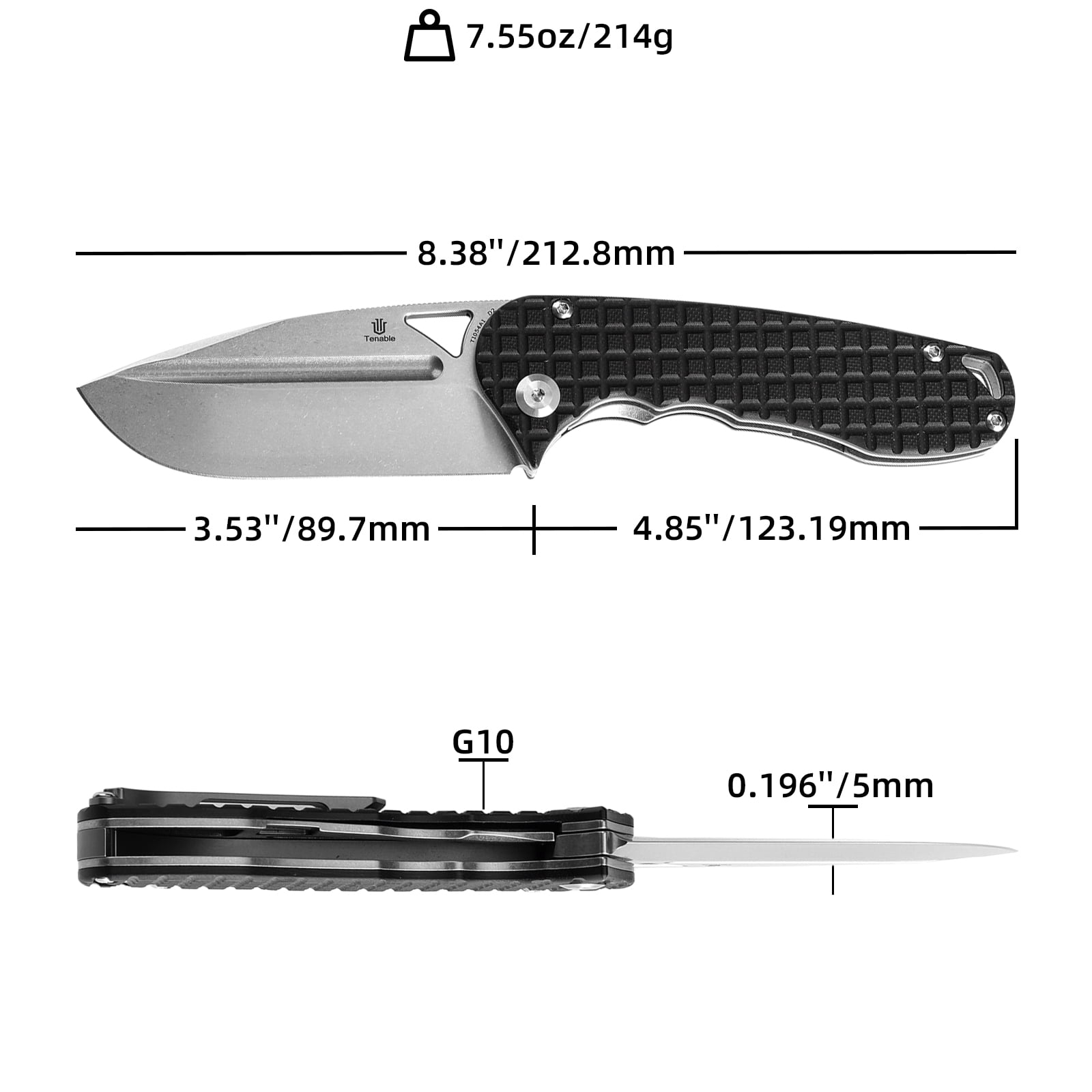 Tenable Bömbur Folding Pocket Knife 3.53'' Stonewashed D2 Blade,Black G10 with Frag Pattern Handle,T1054A1