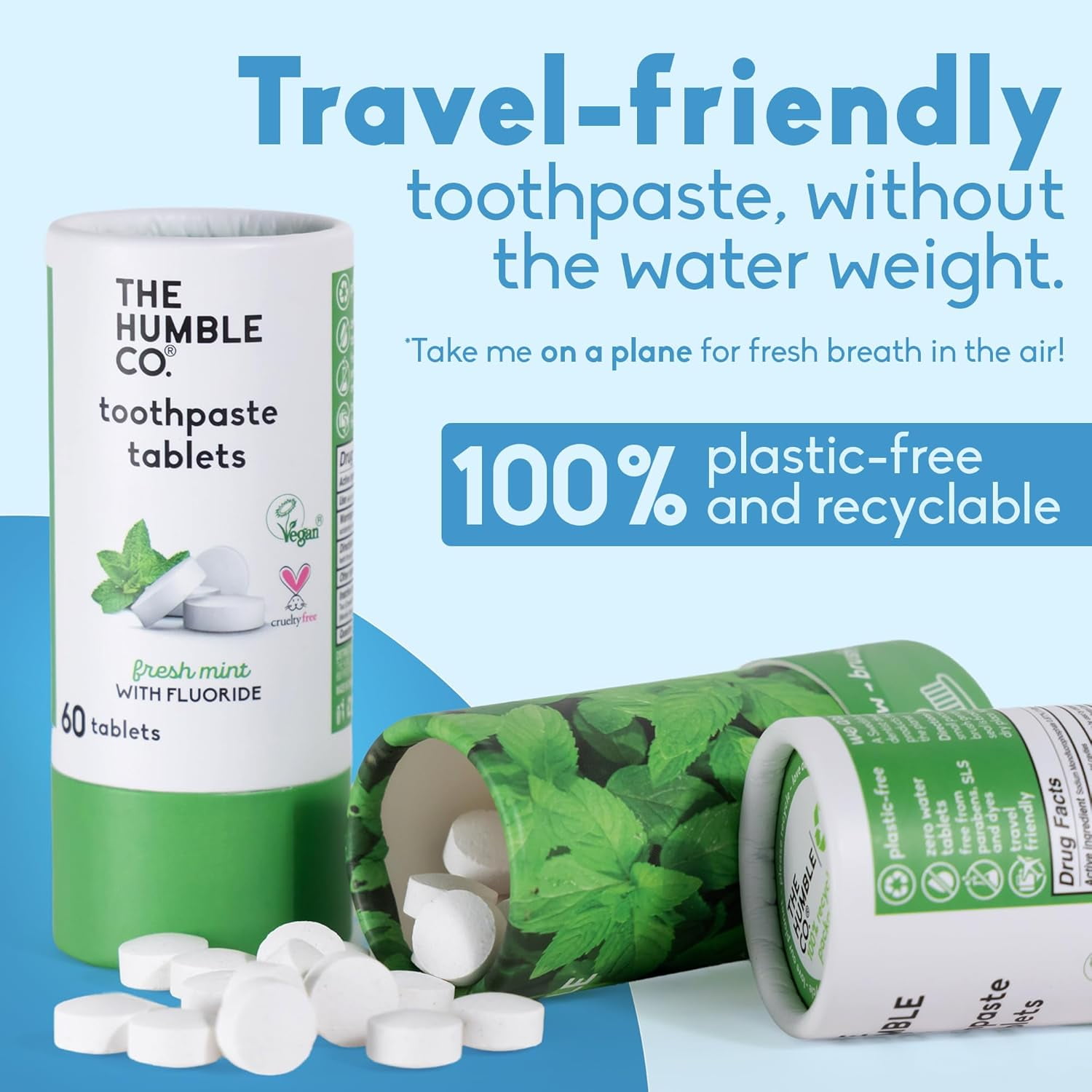 The Humble Co Chewable Toothpaste Tablets, Travel-Friendly Oral Care, Fresh Mint Flavor with Flouride, 180 Tablets, Pack of 3