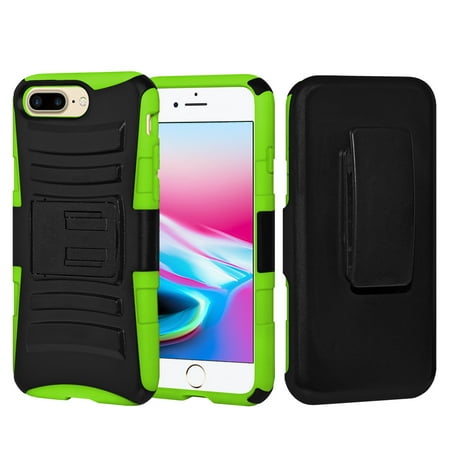 Neon Green Iphone 4 Case iPhone 8 Plus Case, Rugged TUFF Hybrid Armor Hard Defender Rotating Clip Holster Cover with Kickstand for iPhone 8 Plus - Black/ Neon Green ()