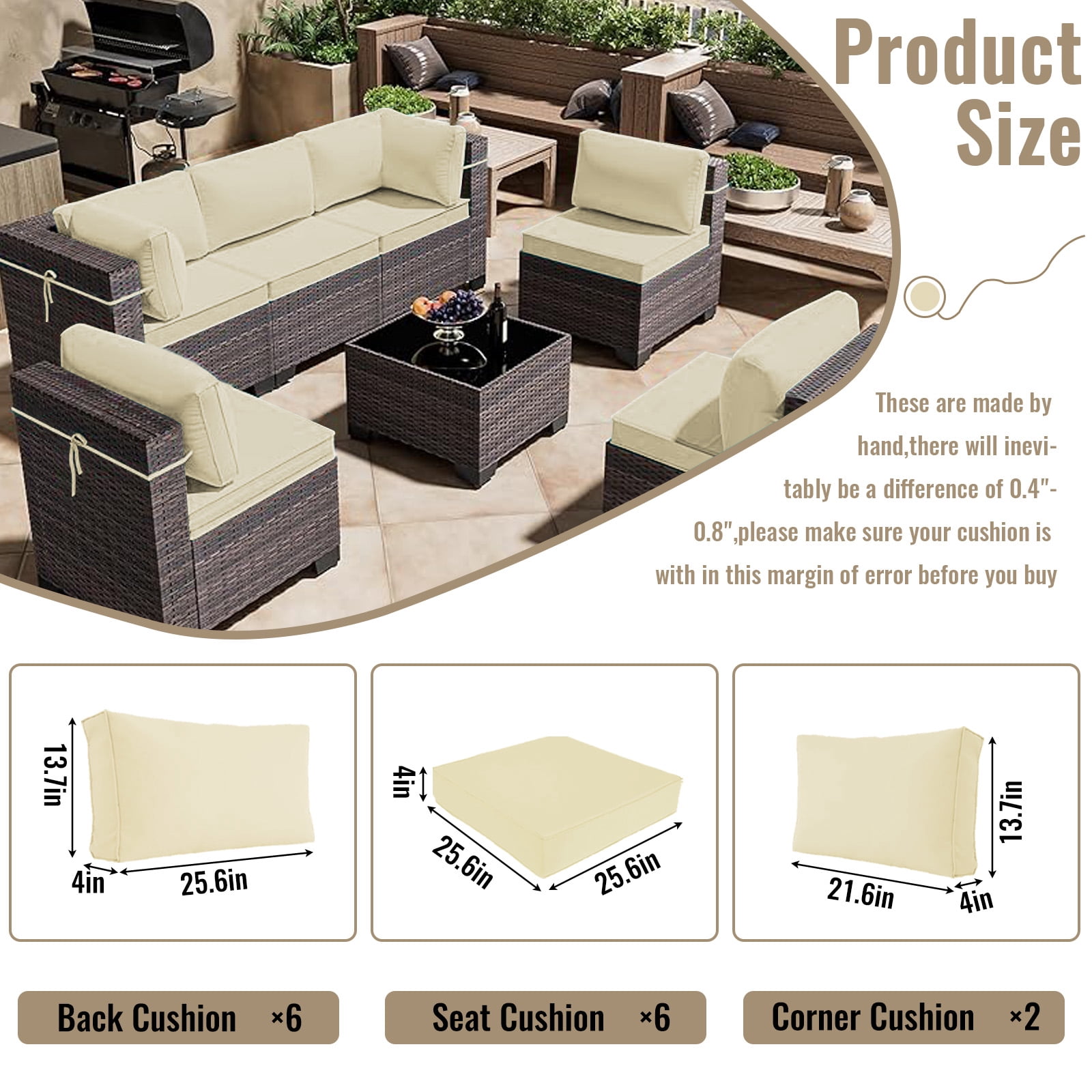 YLLN 14-Piece Sofa Cushion Set, 4in Thick Replacement Cushions For Outdoor Furniture, Water-Resistant Patio Outdoor Sectional Cushions, For 6-Seat Sectional Patio Conversation