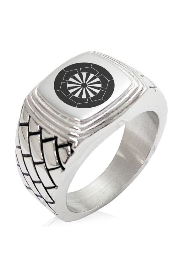Stainless Steel Sakakibara Samurai Crest Geometric Pattern Step-Down Biker Style Polished Ring