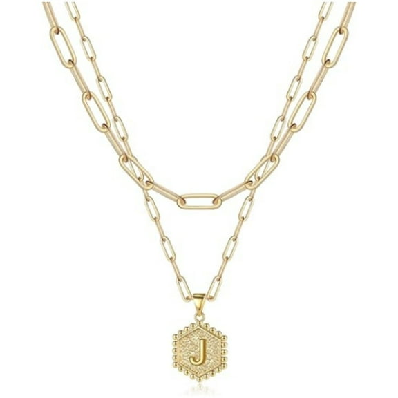 MISS RIGHT Dainty Layered Initial Necklaces for Women Trendy, 14K Gold Plated Paperclip Chain Necklace Cute Hexagon Letter Pendant Initial Choker Necklace Gold Layered Necklaces for Women