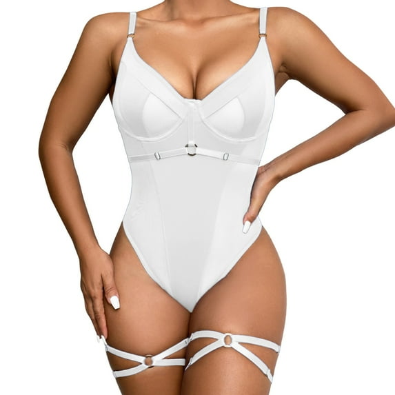 adviicd Women'S Lingerie, Sleep Women Snap Crotch Lingerie Lace Bodysuit Deep V Teddy One Piece Mesh Sleepwear White S
