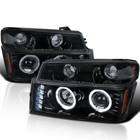 Spec-D Tuning Glossy Black Smoke LED Halo Projector Headlights   Bumper Lights Compatible with 2004-2012 Chevy Colorado, 2004-2012 GMC Canyon, Left   Right Pair Headlamps Assembly