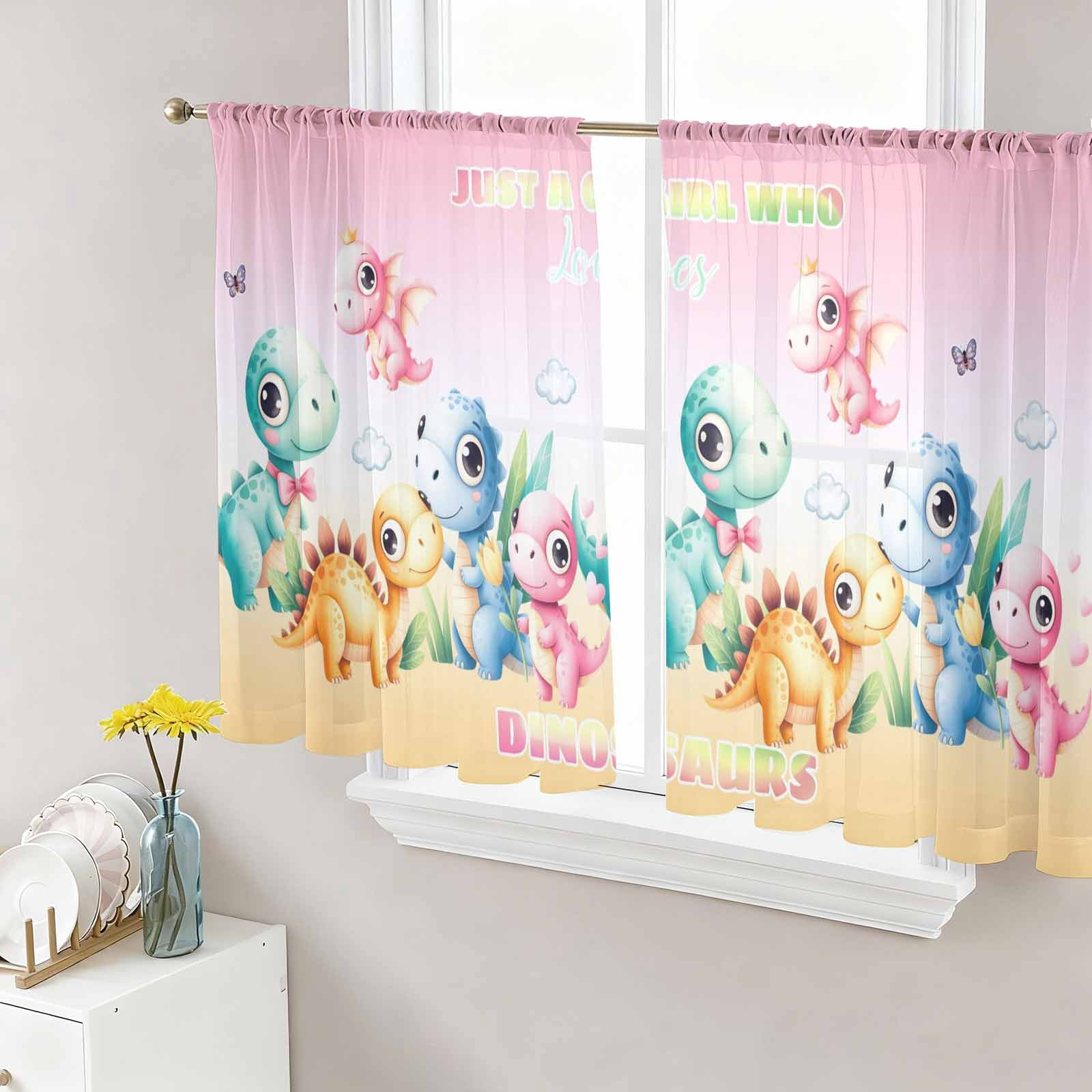 Cartoon Dinosaurs Sheer Curtains 2 Panels Set Just A Boy Who Loves Dinosaurs Gradient Pink Yellow Sheer Window Curtains Light Filtering Rod Pocket Voile Drapes for Bedroom Living Room 52"x54"
