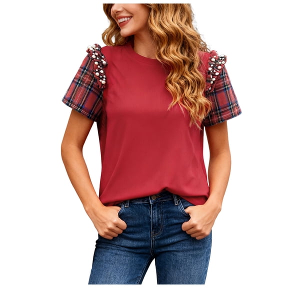 larppty Womens Christmas T Shirts Plaid Pearl Ruffle Short Sleeve Loose T Shirt Casual Tunic Tops (Red, M)