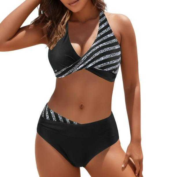 Gibobby Traje de Baño Sexy Bikini 2023 Traje de baño dividido para mujer Bikini Estampado de hojas Cuello colgante Traje de baño con cuello en V(Negro,CH)