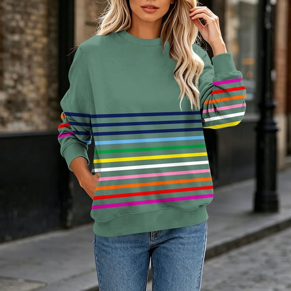 IUYRTFE Women's Colorful Striped Crew Neck Long Sleeve Sweatshirt – Relaxed Fit Casual Pullover for Fall, Winter, and Daily Wear