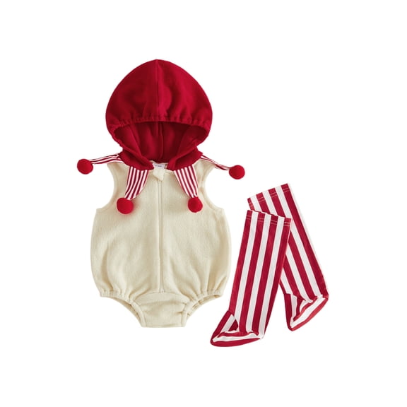 RUINIXCW Newborn Baby Halloween Clown Costume Infant Baby Girl Boy Fall Winter Clothes Sleeveless Zipper Hooded Romper and Striped Long Socks Set