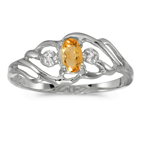 10k White Gold Oval Citrine And Diamond Ring
