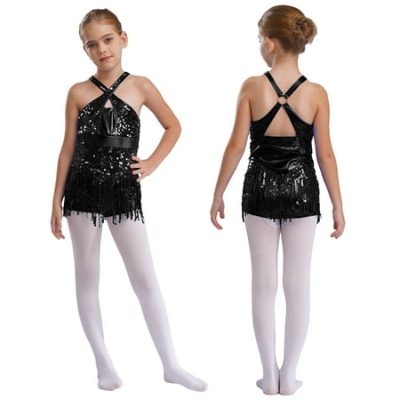 iiniim Kids Girls Latin Dance Hip Hop Jazz Performance Sparkly Tassel Leotard Bodysuit Dancewear Black 12