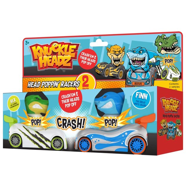 Juguetes de carreras Knuckle Headz, paquete de 2 unidades, dinosaurio Rex y tiburón común