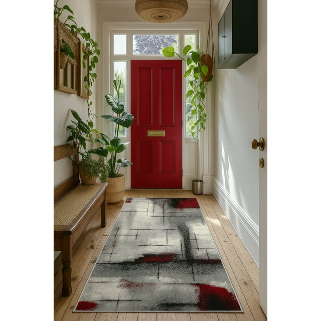 Rug Branch Kyma 2' x 10' (2'3" x 10') Grey/Red Abstract Indoor Runner Rug, Contemporary, Medium Pile, Stain-Resistant Hallway Carpet - Entryway, Mudroom, Bedroom, and Kitchen