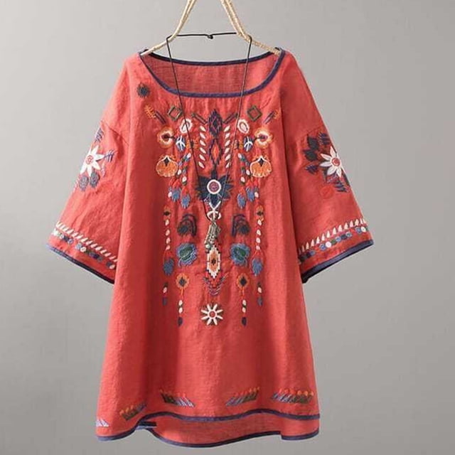 Kayannuo Blouses pour Femmes Liquidation Tee-Shirts pour Femmes Saint-Valentin Printemps Été Couleur Décontractée T-Shirt Mode Manches Courtes Col Rond Broderie Hauts Blouse Coton et Lin