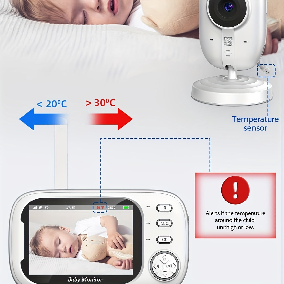 3.5" LCD Baby Monitor, 1296P HD, Auto Night Vision, VOX Mode, Two-Way Audio, Cry Detection, Temp Sensor, 8 Lullabies, Wireless USB-Powered