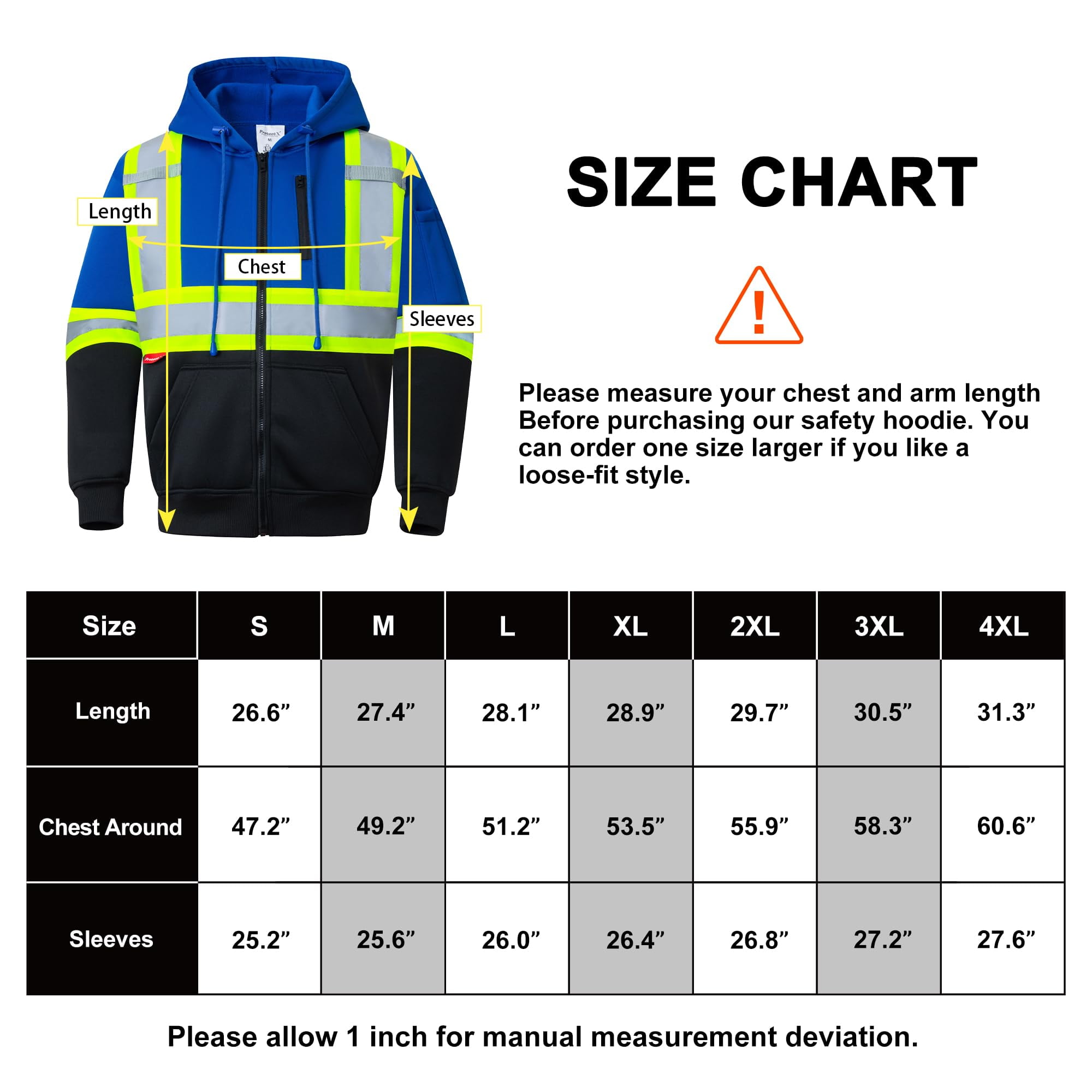 ProtectX High Visibility Safety Sweatshirt for Women Men, Class 3 Hi Vis Hoodie with large Pocket, Hooded Full-Zip Reflective Sweatshirt for Work & Construction, Blue, Large