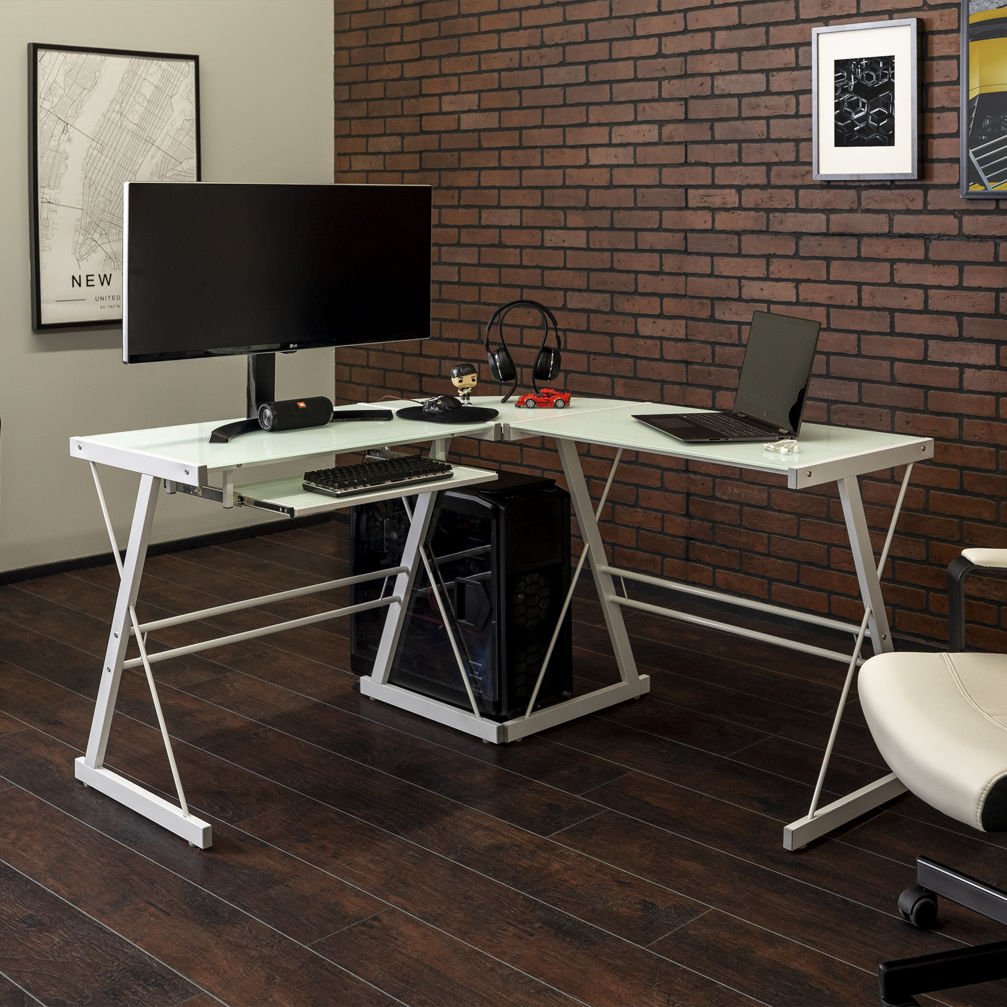 Modern Glass and Metal White LShaped Corner Computer Desk by Manor Park