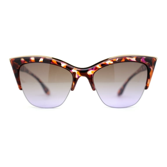 Womens Half Rim Elegant Metal Brow Designer Cat Eye Sunglasses Fuchsia Tortoise