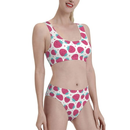 Uemuo Hand Drawn Strawberry Printed Women s High Waisted Bikini Sets Sporty Two Piece Swimsuits Color Block Cheeky High Cut Bathing Suits-Small