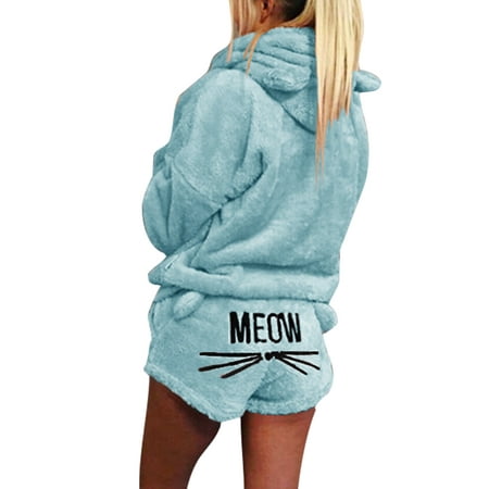 

Niuer Women Nightwear Pocket Sleepwear Hooded Pajamas Sets Casual Lounge Set Tops And Shorts Blue 2XL