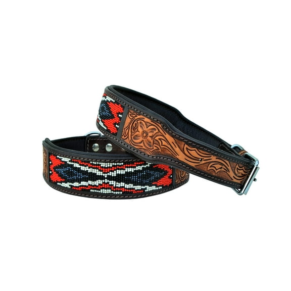 Leather Dog Collar Western Style Heavy Duty Hand Tooled Adjustable Beaded and Padded Soft for Puppies and Big Dogs 10AB010