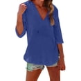 thumbnail image 3 of Women's Cotton Linen Hooded Cover Up, 3/4 Sleeve V-Neck Pocket Shirt, Lightweight Beach Kimono for Bikini Cover, Summer Vacation, and Resort Wear-Blue, 3 of 10