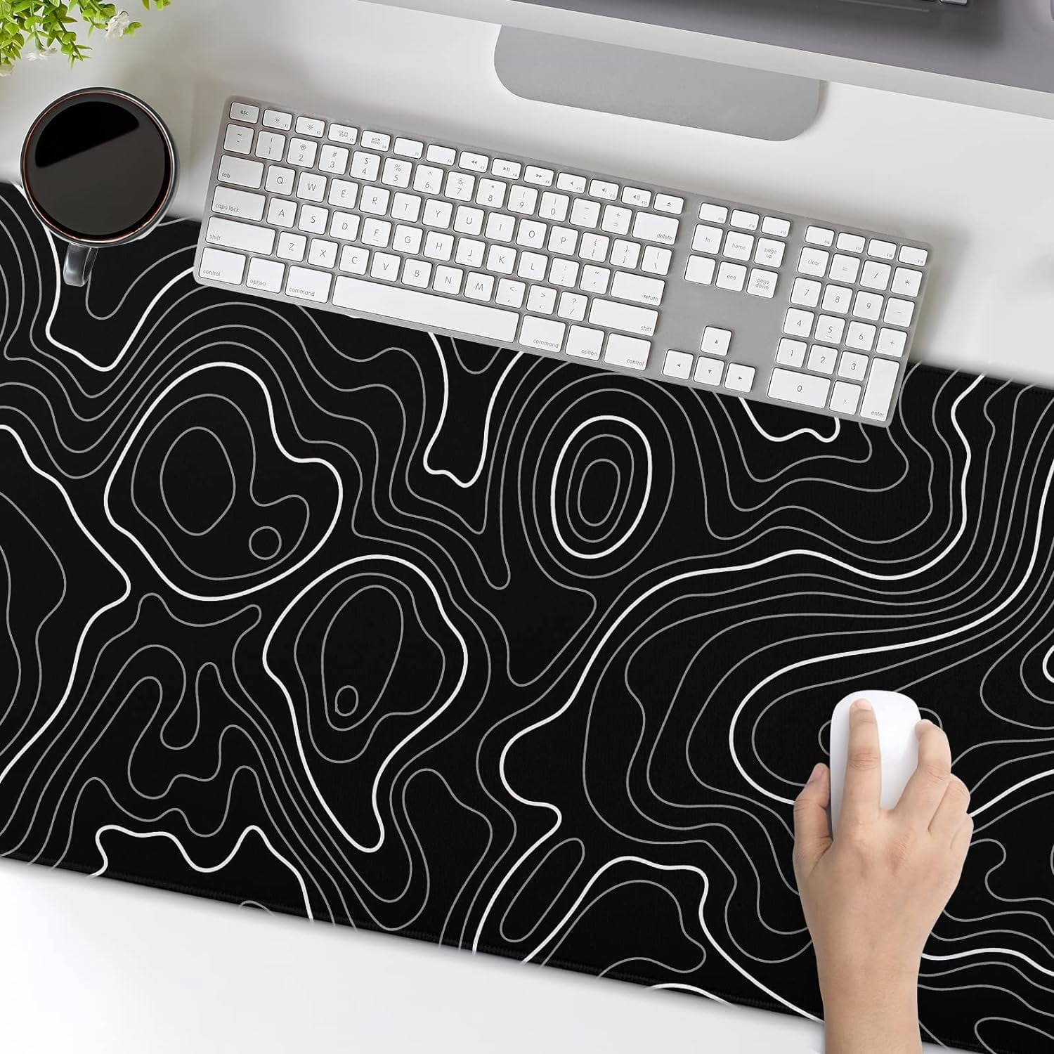 Topographic Contour Gaming Mouse Pad 35.4 X 15.7 Inch XXL Black Geographic Map Lines Full Des Mousepad Extended Large Non-Slip Rubber Base Keyboard Mat with Stitched Edges for Home Office